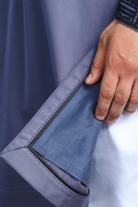 Char Chaand_Gray Linen, Satin Embroidery Gul Thread Kurta _at_Aza_Fashions