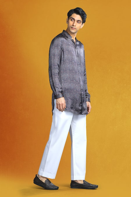 Char Chaand Gray Satin Embroidery Grey Boho Tribal Art Short Shirt Kurta Online at Aza Fashions Char Chaand_Gray Satin Embroidery Grey Boho Tribal Art Short Shirt Kurta _Online_at_Aza_Fashions