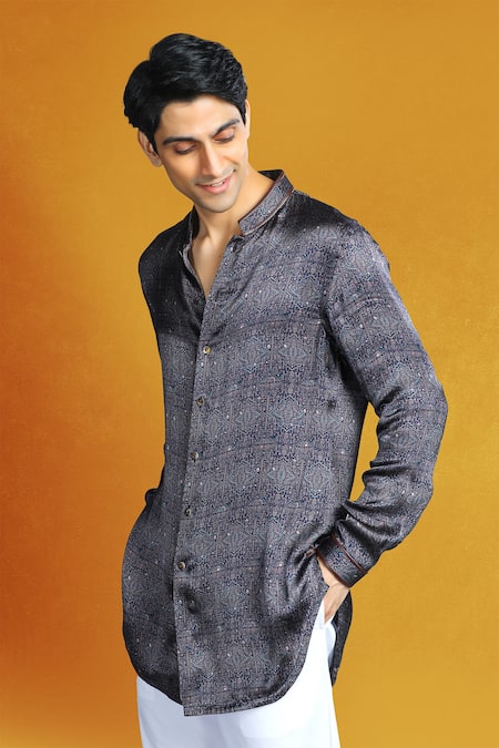 Buy Char Chaand Gray Satin Embroidery Grey Boho Tribal Art Short Shirt Kurta Online at Aza Fashions Buy_Char Chaand_Gray Satin Embroidery Grey Boho Tribal Art Short Shirt Kurta _Online_at_Aza_Fashions