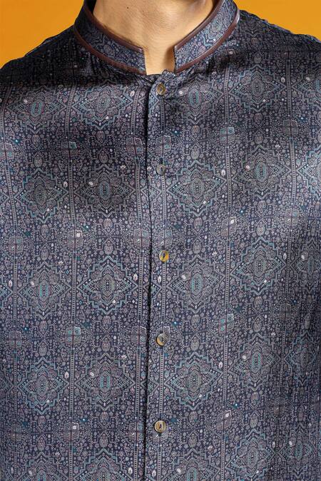 Shop Char Chaand Gray Satin Embroidery Grey Boho Tribal Art Short Shirt Kurta Online at Aza Fashions Shop_Char Chaand_Gray Satin Embroidery Grey Boho Tribal Art Short Shirt Kurta _Online_at_Aza_Fashions