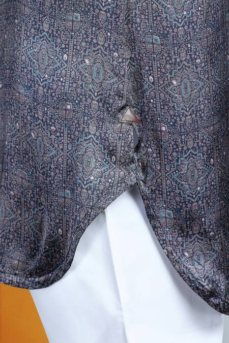 Char Chaand Gray Satin Embroidery Grey Boho Tribal Art Short Shirt Kurta at Aza Fashions Char Chaand_Gray Satin Embroidery Grey Boho Tribal Art Short Shirt Kurta _at_Aza_Fashions