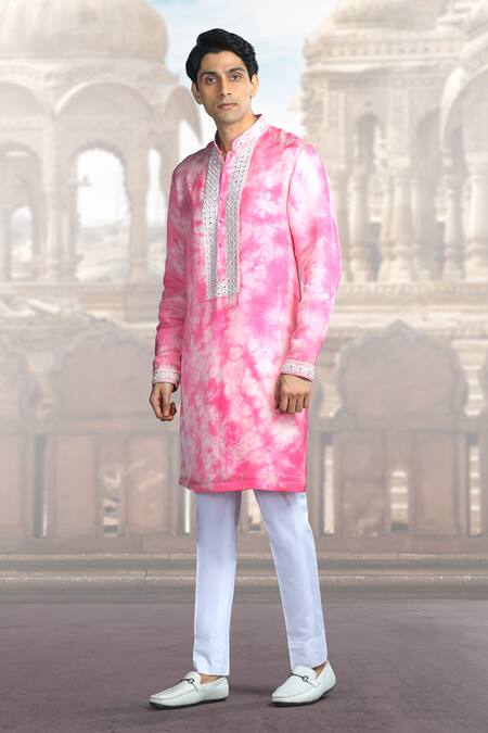 Char Chaand Pink Linen, Satin Mirrors, Embroidery Tie Dye Kurta Online at Aza Fashions Char Chaand_Pink Linen, Satin Mirrors, Embroidery Tie Dye Kurta _Online_at_Aza_Fashions