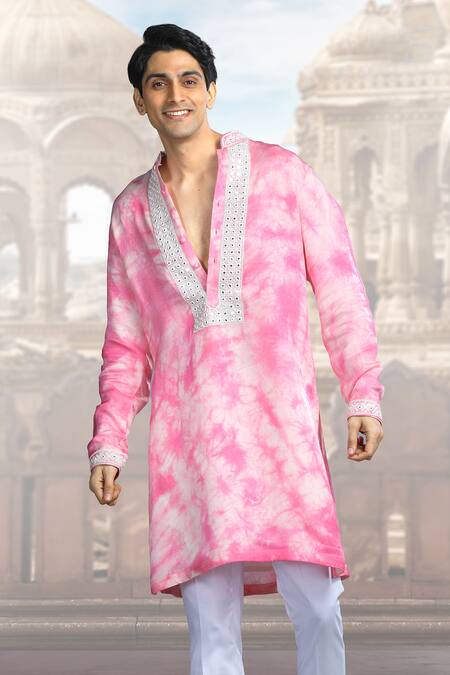 Shop Char Chaand Pink Linen, Satin Mirrors, Embroidery Tie Dye Kurta Online at Aza Fashions Shop_Char Chaand_Pink Linen, Satin Mirrors, Embroidery Tie Dye Kurta _Online_at_Aza_Fashions