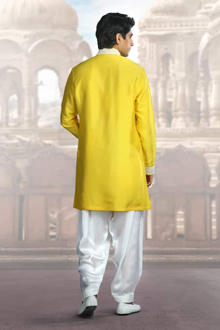 Shop Char Chaand Yellow Silk Sequins Kiran Dori Embroidered Kurta at Aza Fashions Shop_Char Chaand_Yellow Silk Sequins Kiran Dori Embroidered Kurta _at_Aza_Fashions