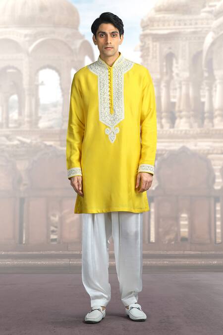 Char Chaand Yellow Silk Sequins Kiran Dori Embroidered Kurta Online at Aza Fashions Char Chaand_Yellow Silk Sequins Kiran Dori Embroidered Kurta _Online_at_Aza_Fashions