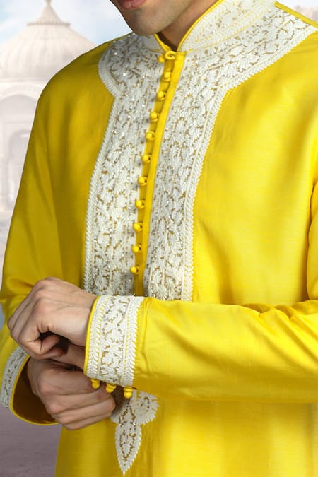 Shop Char Chaand Yellow Silk Sequins Kiran Dori Embroidered Kurta Online at Aza Fashions Shop_Char Chaand_Yellow Silk Sequins Kiran Dori Embroidered Kurta _Online_at_Aza_Fashions