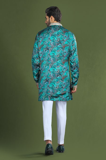 Shop Char Chaand Green Silk Embroidery Paisley Print And Kurta at Aza Fashions Shop_Char Chaand_Green Silk Embroidery Paisley Print And Kurta _at_Aza_Fashions