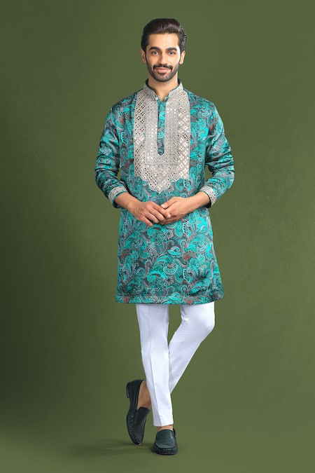 Char Chaand Green Silk Embroidery Paisley Print And Kurta Online at Aza Fashions Char Chaand_Green Silk Embroidery Paisley Print And Kurta _Online_at_Aza_Fashions