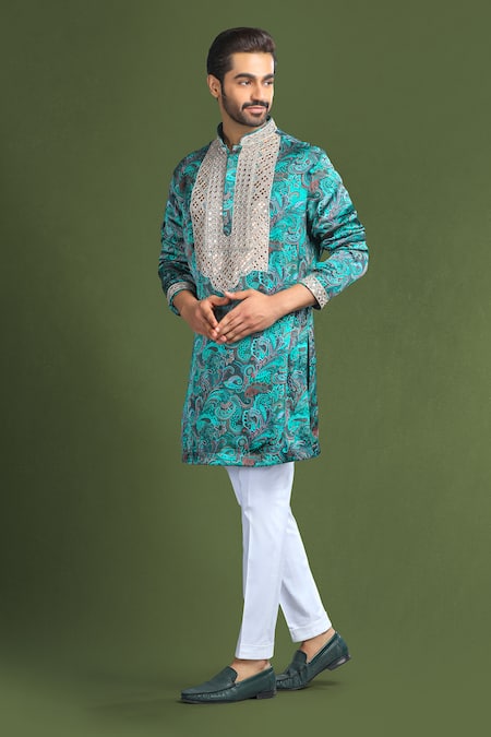 Buy Char Chaand Green Silk Embroidery Paisley Print And Kurta Online at Aza Fashions Buy_Char Chaand_Green Silk Embroidery Paisley Print And Kurta _Online_at_Aza_Fashions