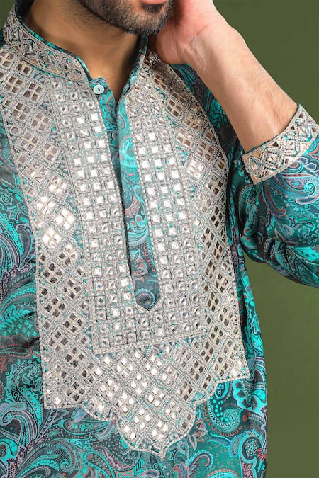 Shop Char Chaand Green Silk Embroidery Paisley Print And Kurta Online at Aza Fashions Shop_Char Chaand_Green Silk Embroidery Paisley Print And Kurta _Online_at_Aza_Fashions