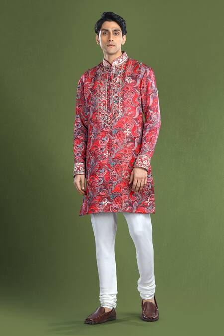 Char Chaand_Red Silk Embroidery Paisley Bloom Short Kurta _Online_at_Aza_Fashions