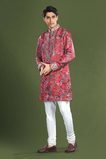Buy_Char Chaand_Red Silk Embroidery Paisley Bloom Short Kurta _Online_at_Aza_Fashions