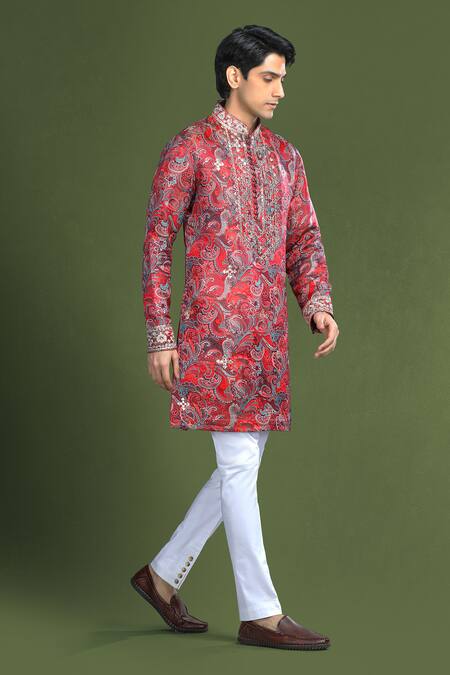 Shop_Char Chaand_Red Silk Embroidery Paisley Bloom Short Kurta _Online_at_Aza_Fashions