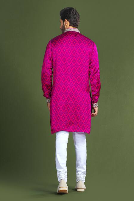 Shop Char Chaand Pink Linen, Satin Embroidery Ikat Print Kurta at Aza Fashions Shop_Char Chaand_Pink Linen, Satin Embroidery Ikat Print Kurta _at_Aza_Fashions