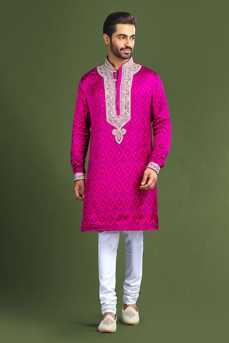 Char Chaand Pink Linen, Satin Embroidery Ikat Print Kurta Online at Aza Fashions Char Chaand_Pink Linen, Satin Embroidery Ikat Print Kurta _Online_at_Aza_Fashions