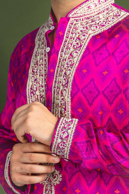 Shop Char Chaand Pink Linen, Satin Embroidery Ikat Print Kurta Online at Aza Fashions Shop_Char Chaand_Pink Linen, Satin Embroidery Ikat Print Kurta _Online_at_Aza_Fashions