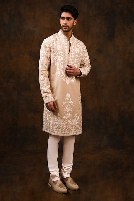 Char Chaand Beige Linen, Satin Embroidery Kashmiri Aari Blossom Kurta Online at Aza Fashions Char Chaand_Beige Linen, Satin Embroidery Kashmiri Aari Blossom Kurta _Online_at_Aza_Fashions