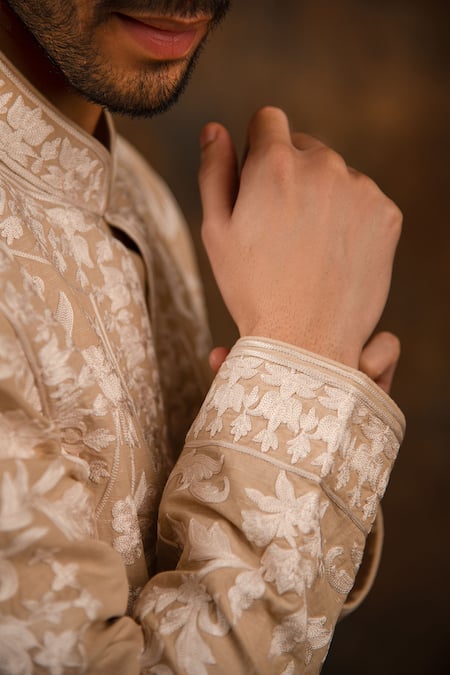 Shop Char Chaand Beige Linen, Satin Embroidery Kashmiri Aari Blossom Kurta Online at Aza Fashions Shop_Char Chaand_Beige Linen, Satin Embroidery Kashmiri Aari Blossom Kurta _Online_at_Aza_Fashions