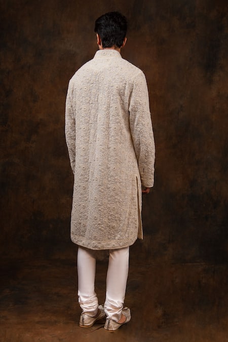 Shop_Char Chaand_Cream Cotton, Silk Sequins, Embroidery Floral Blossom Kurta _at_Aza_Fashions