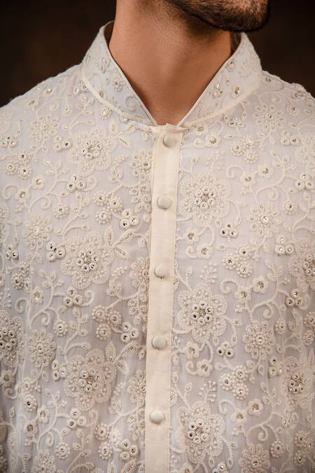 Char Chaand_Cream Cotton, Silk Sequins, Embroidery Floral Blossom Kurta _Online_at_Aza_Fashions