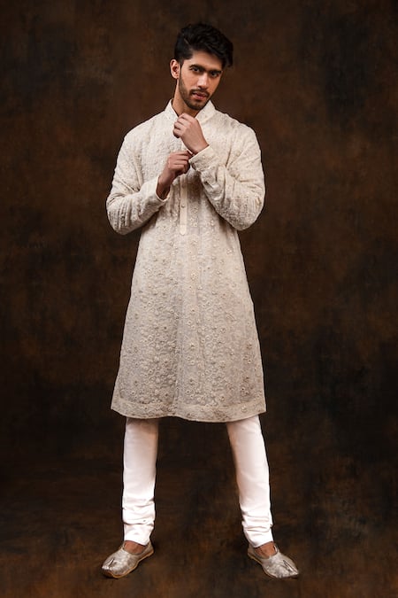 Buy_Char Chaand_Cream Cotton, Silk Sequins, Embroidery Floral Blossom Kurta _Online_at_Aza_Fashions