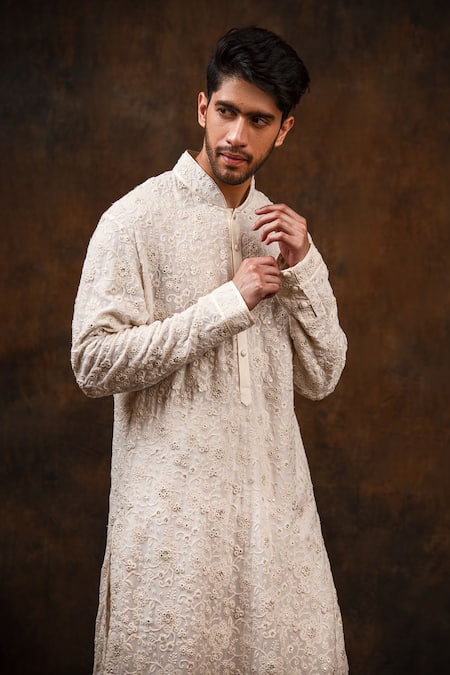Shop_Char Chaand_Cream Cotton, Silk Sequins, Embroidery Floral Blossom Kurta _Online_at_Aza_Fashions