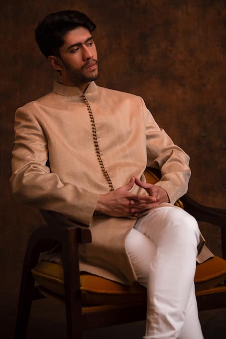 Shop Char Chaand Beige Silk Thread Textured Kurta Online at Aza Fashions Shop_Char Chaand_Beige Silk Thread Textured Kurta _Online_at_Aza_Fashions
