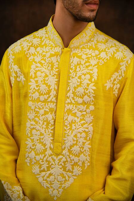 Buy_Char Chaand_Yellow Silk Embroidery Floral Kirandori Kurta_Online_at_Aza_Fashions