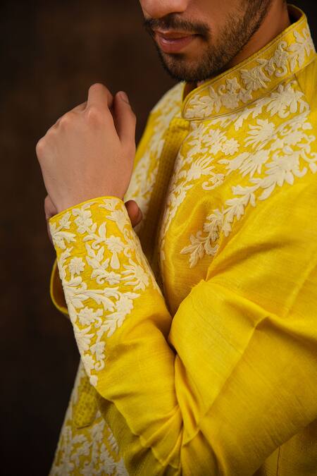 Shop_Char Chaand_Yellow Silk Embroidery Floral Kirandori Kurta_Online_at_Aza_Fashions