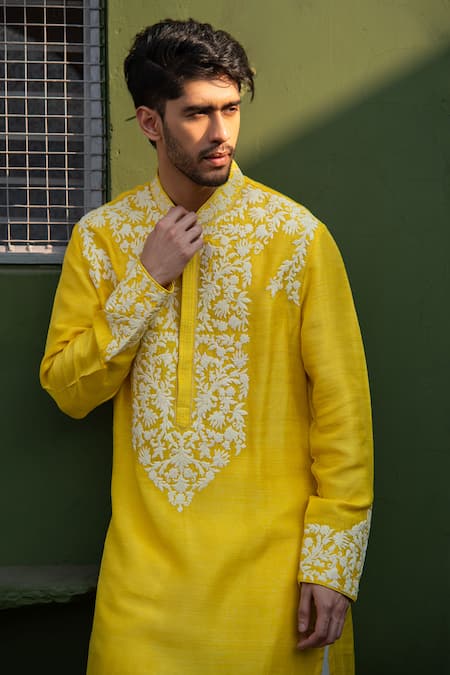 Shop_Char Chaand_Yellow Silk Embroidery Floral Kirandori Kurta
