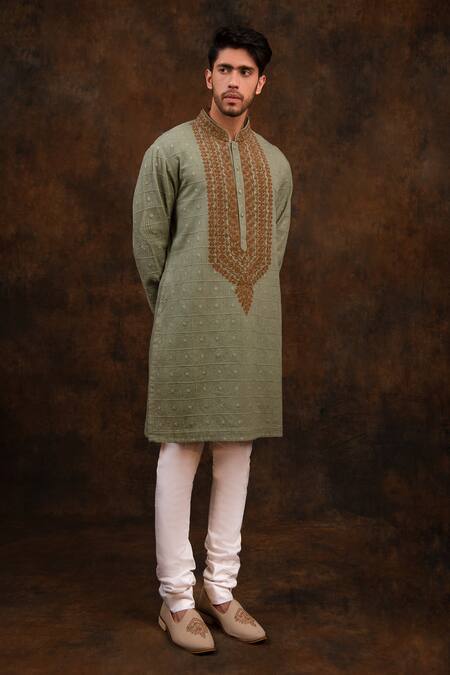 Char Chaand Green Cotton, Silk Embroidery Floral Dori Kurta Online at Aza Fashions Char Chaand_Green Cotton, Silk Embroidery Floral Dori Kurta _Online_at_Aza_Fashions