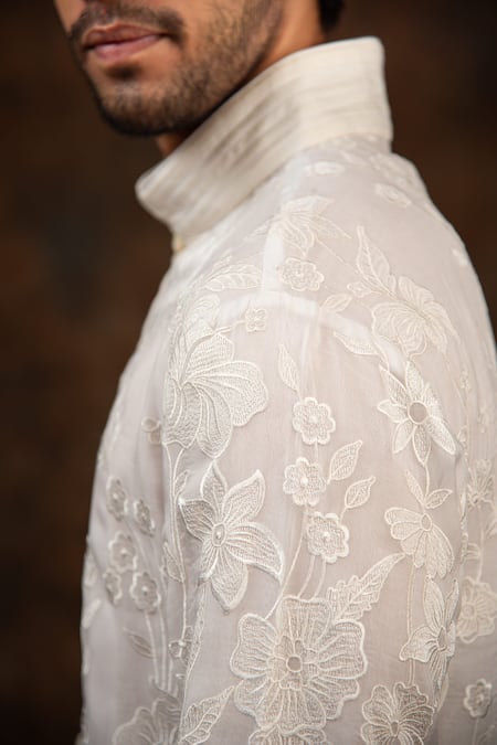 Char Chaand White Silk Embroidery Floral Chikankari Kurta at Aza Fashions Char Chaand_White Silk Embroidery Floral Chikankari Kurta_at_Aza_Fashions