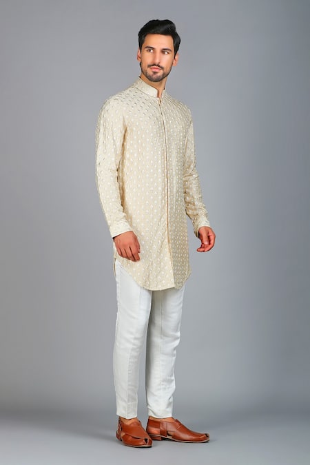 Buy_Char Chaand_Beige Linen Embroidery Floral Motif Kurta _Online_at_Aza_Fashions