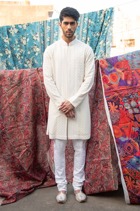 Buy_Char Chaand_White Georgette Embroidery Floral Thread Kurta 