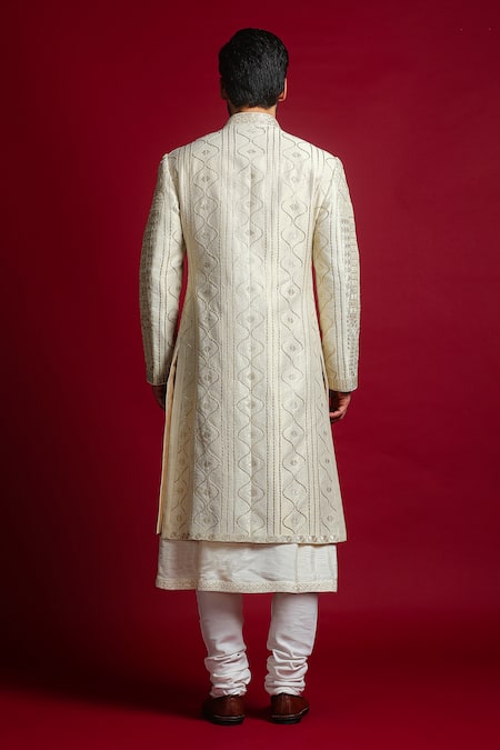 Char Chaand Ivory Geometric Gota Embroidered Sherwani Set 