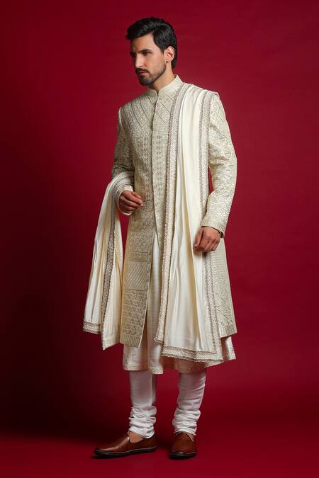 Char Chaand_Ivory Linen, Tissue Beads, Gota Patti, Embroidery Geometric Sherwani Set _Online_at_Aza_Fashions