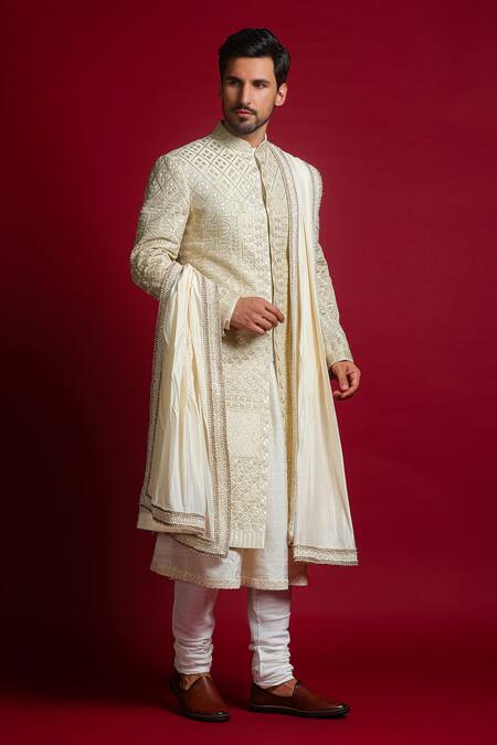 Buy_Char Chaand_Ivory Linen, Tissue Beads, Gota Patti, Embroidery Geometric Sherwani Set _Online_at_Aza_Fashions
