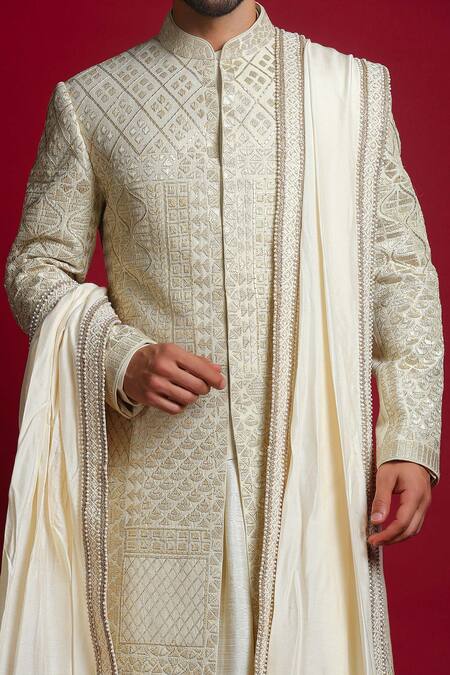 Shop_Char Chaand_Ivory Linen, Tissue Beads, Gota Patti, Embroidery Geometric Sherwani Set _Online_at_Aza_Fashions