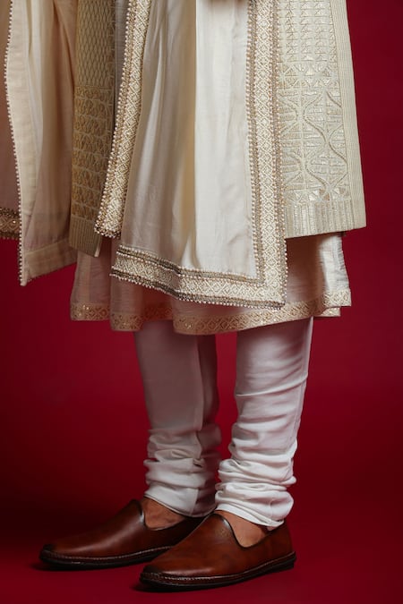Char Chaand_Ivory Linen, Tissue Beads, Gota Patti, Embroidery Geometric Sherwani Set _at_Aza_Fashions
