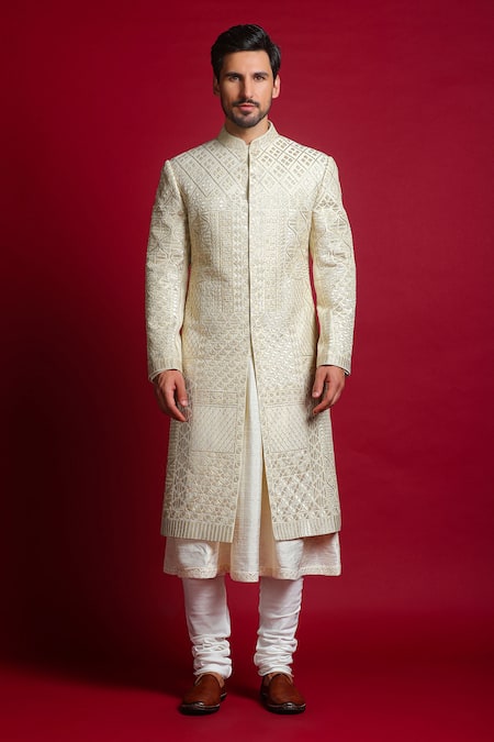 Buy_Char Chaand_Ivory Linen, Tissue Beads, Gota Patti, Embroidery Geometric Sherwani Set 