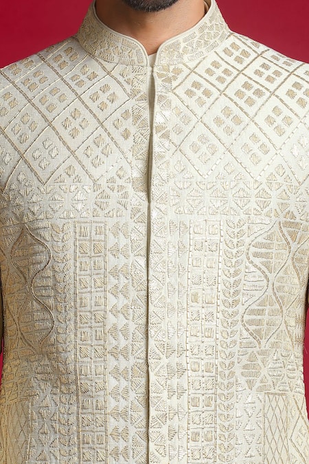 Shop_Char Chaand_Ivory Linen, Tissue Beads, Gota Patti, Embroidery Geometric Sherwani Set 