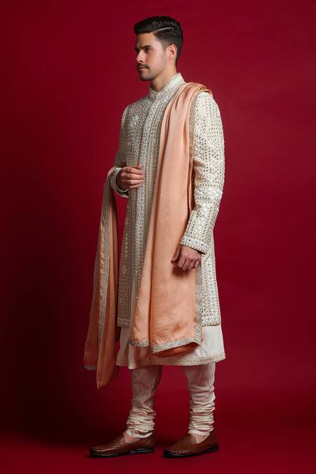 Char Chaand_Ivory Linen, Tissue Beads, Mirrors Embroidered Sherwani Set _Online_at_Aza_Fashions