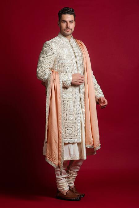 Buy_Char Chaand_Ivory Linen, Tissue Beads, Mirrors Embroidered Sherwani Set _Online_at_Aza_Fashions