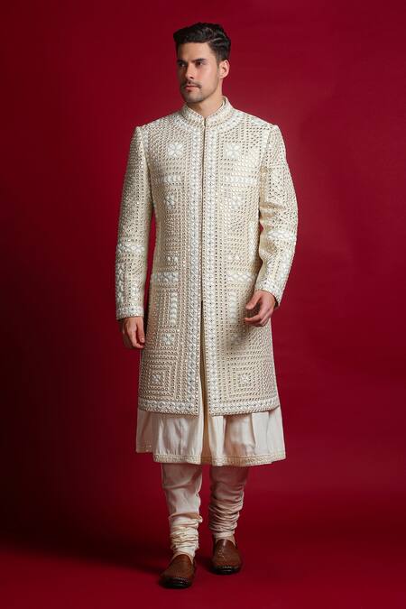 Shop_Char Chaand_Ivory Linen, Tissue Beads, Mirrors Embroidered Sherwani Set _Online_at_Aza_Fashions