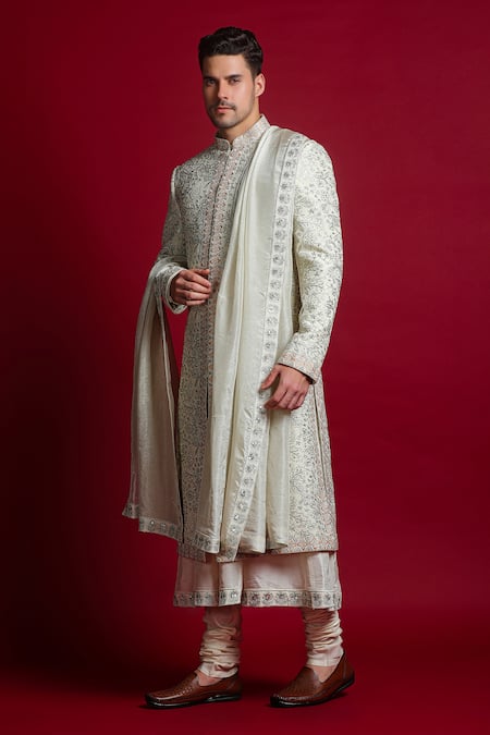 Char Chaand_Ivory Silk Embroidery, Sequins, Zari Floral Sherwani Set _Online_at_Aza_Fashions