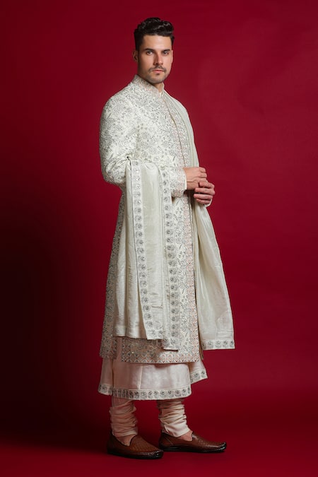 Buy_Char Chaand_Ivory Silk Embroidery, Sequins, Zari Floral Sherwani Set _Online_at_Aza_Fashions