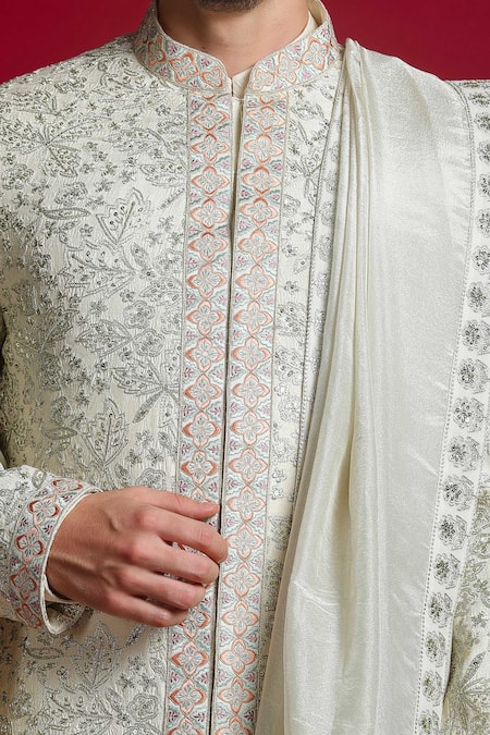 Shop_Char Chaand_Ivory Silk Embroidery, Sequins, Zari Floral Sherwani Set _Online_at_Aza_Fashions