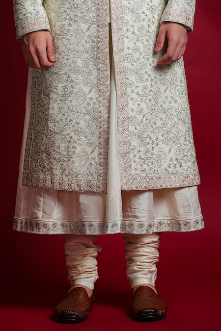 Shop_Char Chaand_Ivory Silk Embroidery, Sequins, Zari Floral Sherwani Set 