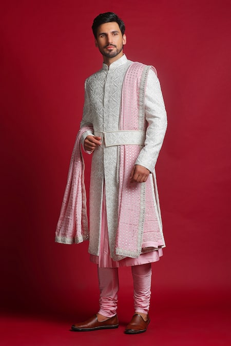 Char Chaand_Pink Silk Sequins, Embroidery, Beads Floral Jaal Sherwani Set _Online_at_Aza_Fashions