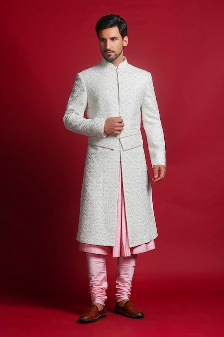 Buy_Char Chaand_Pink Silk Sequins, Embroidery, Beads Floral Jaal Sherwani Set _Online_at_Aza_Fashions